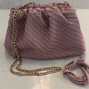 Maeve Elegant Pink Woven Clutch w removable gold crossbody shoulder strap